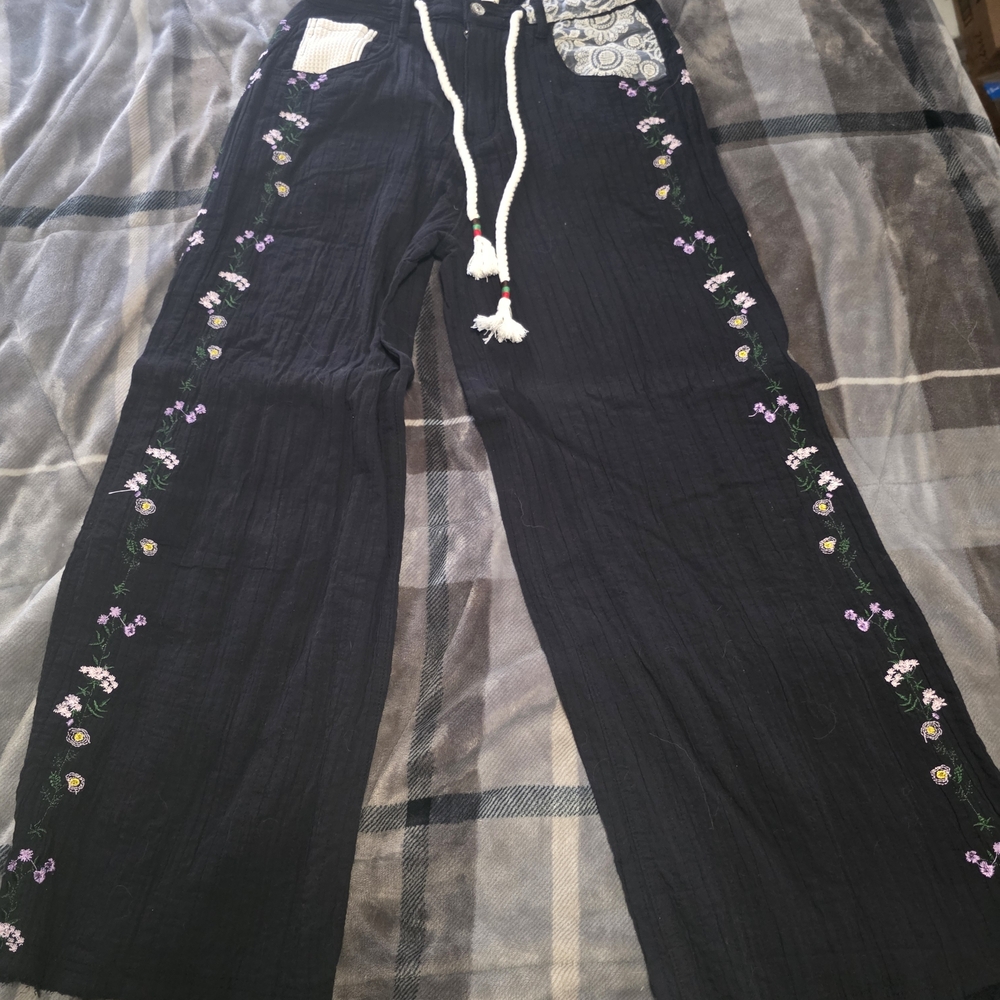 POL Black Wide Leg Pants with Floral Embroidery